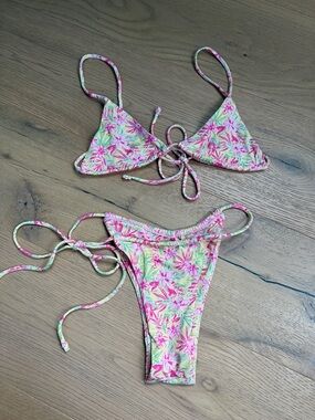 Floral Tie-String Bikini - Pink & Green